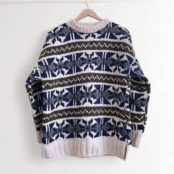 Vintage 100% Wool Scandi Nordic Sweater Cabincore Apres Ski Blue Cream Fair Isle - Picture 8 of 10